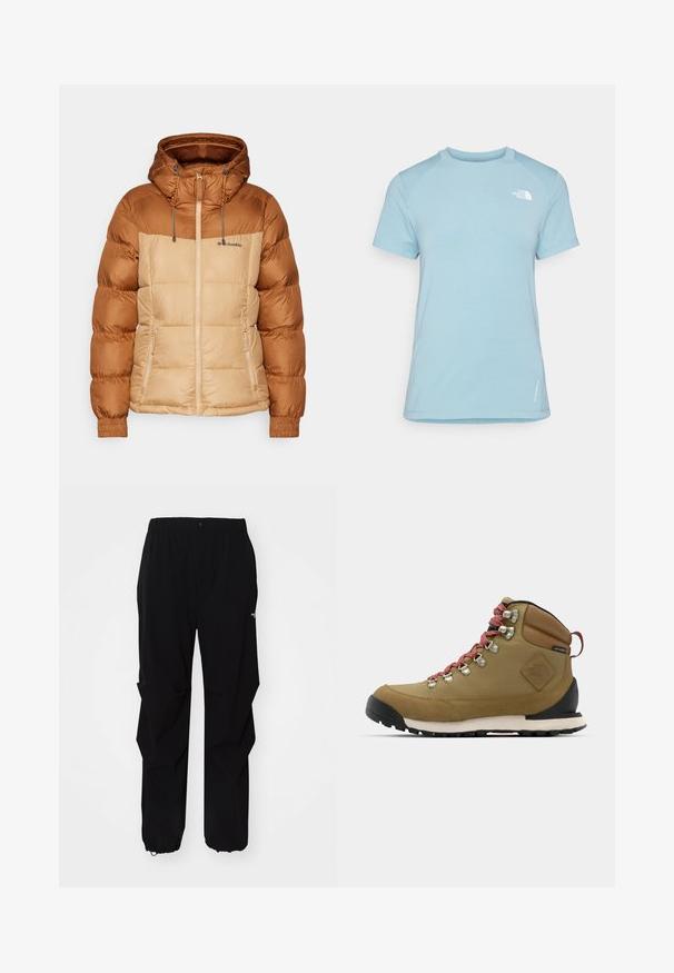 Puhvisjope pruunist ülemisest osast ja beežist alumisest osast, kapuutsiga, lukuga ees ja elastsete mansettidega. Materjal tundub siledana, koos õmblusteadlikkusega.; Hele sinine lühikeste varrukatega T-särk ümmarguse kaelusega. Omab pehmet kangast, raglaani varrukaid ja valget logo vasakul üleval rinnal.; Mustad must outdoor püksid, valmistatud vastupidavast materjalist, millel on mugav lõige, elastne vöökoht ja reguleeritavad varrukaotsad.; Pruun matkaking, millel on punased kreedid, metallist silmad, nahkdetailid ja kummist tallad. Omab ümmargust varvust ja pehmendusega kaela.