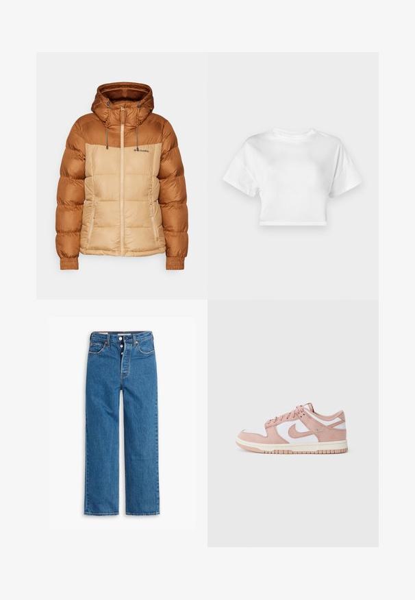 Puffjacka med en brun överdel och beige underdel, med huva, dragkedja framtill och elastiska ärmslut. Materialet verkar slätt med sömdetaljer.; Vit kortärmad t-shirt i bomull. Korta ärmar, rund halsringning, slät textur, avslappnad design utan mönster eller dekorationer.; Blå denim raka jeans med hög midja, femficksdesign och knappgylf. Tydlig sömnad och kopparfärgade nitar.; Sneakern har en mjuk rosa mocka övre, vita läderpaneler och en texturerad gummisul. Anmärkningsvärt swoosh-logotyp på sidorna, snörningsdesign.