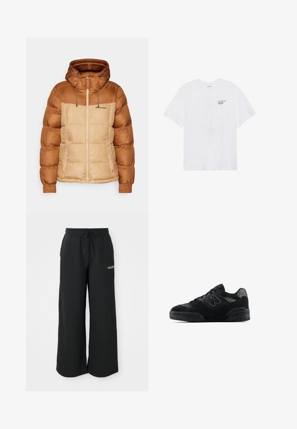 Pufferjacke met een bruin bovenstuk en een beige onderstuk, met een capuchon, ritssluiting aan de voorkant en elastische boorden. Het materiaal lijkt glad met stiksel details.; Even&Odd T-shirt print - white; Zwarte sweatpants met wijde pijpen, gemaakt van zachte stof. Ze hebben een elastische tailleband met een trekkoord en een klein logo aan de linkerkant.; Zwarte low-top sneaker met een gestructureerde zool, vetersluiting, suède panelen en een patroonaccent op de hiel en het zijlogo.