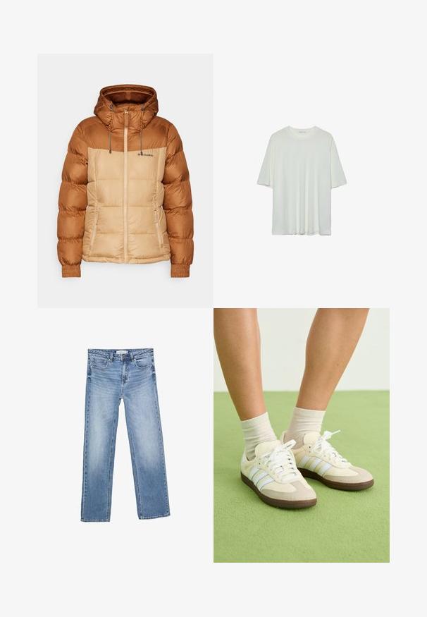 Dutý kabát s hnedou hornou časťou a béžovou spodnou časťou, s kapucňou, zipsom vpredu a elastickými manžetami. Materiál vyzerá hladko s detailným prešitím.; Biele tričko s krátkym rukávom, okrúhly výstrih, jemná bavlnená zmesová tkanina, voľný strih, bezšvový lem, minimalistický dizajn bez ozdôb.; Rovné modré denimové džínsy s vyblednutým umývaním, piatimi vreckami a klasickým zapínaním na gombíky. Bavlnený materiál s viditeľným šitím.; Samba tenisky s krémovo-bežovou farebnou schémou, s tromi svetlomodrými pruhmi, bielymi šnúrkami a hnedými gumovými podrážkami.