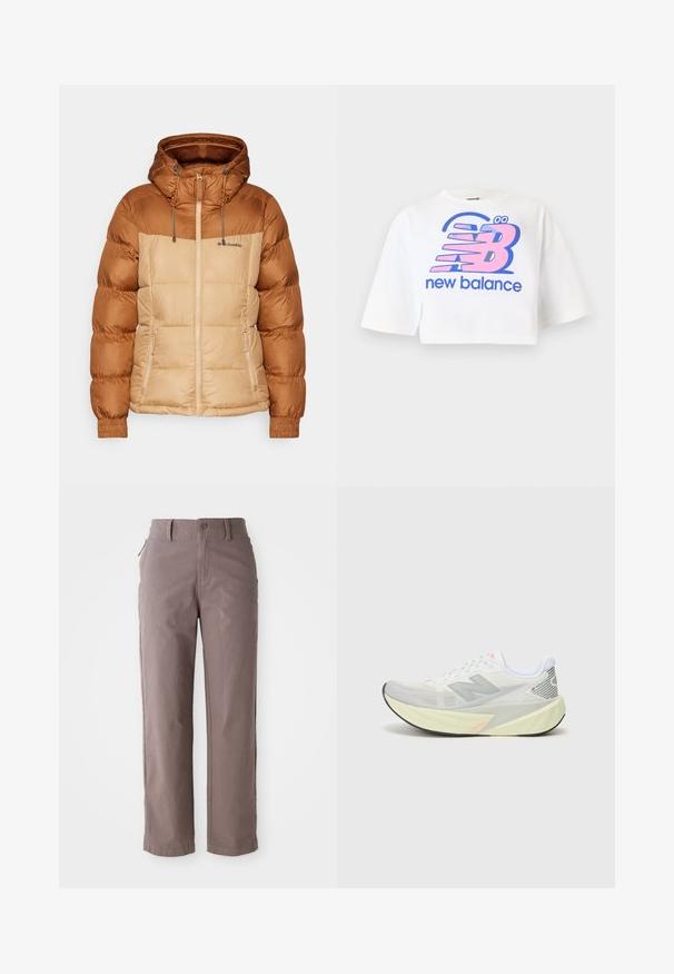Casaco tipo puffer com a parte superior castanha e a parte inferior bege, apresentando um capuz, fecho éclair à frente e punhos elásticos. O material parece suave com detalhes de costura.; T-shirt branca cropped feita de algodão, apresentando uma grande impressão gráfica em rosa e azul do logótipo "new balance" e letras estilizadas.; Calças de sarja castanhas de algodão com corte reto, apresentando um fecho frontal com botão e bolsos laterais, textura suave e linhas limpas.; Sapatilha de corrida leve com um upper de malha cinza e branco, um logótipo 'N' proeminente e uma entressola amarela com acentos angulados. Sola preta.