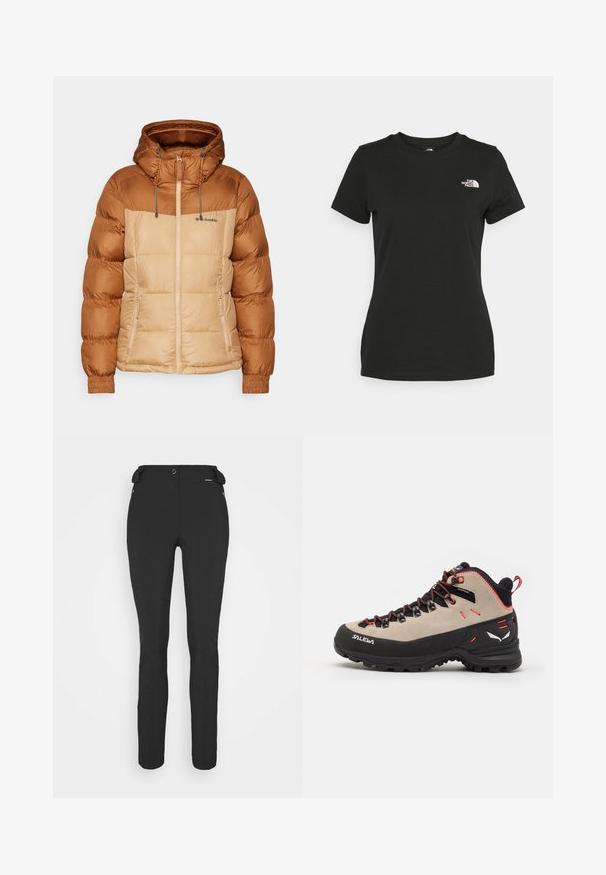 Kurtka puchowa z brązową górną częścią i beżowym dołem, wyposażona w kaptur, zamek z przodu i elastyczne mankiety. Materiał wydaje się gładki z detalami ściegów.; Czarna bawełniana koszulka z okrągłym dekoltem i krótkimi rękawami. Wyróżniające się białe logo na górnej lewej stronie. Gładka tekstura, luźny krój.; Czarne, dopasowane spodnie wykonane z elastycznego materiału. Cechy to kieszeń boczna na zamek, strefowe kolana oraz gładka faktura.; Męskie buty trekkingowe z beżową zamszową cholewą, czarną gumową podeszwą, czerwonymi akcentami oraz sznurowanym zapięciem zapewniającym pewne dopasowanie.