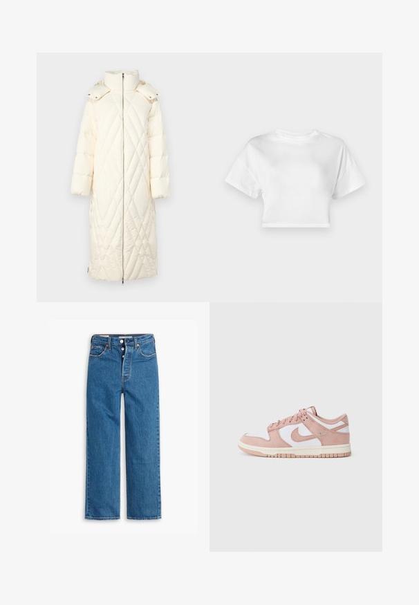 Quilted long puffer coat in off-white, featuring a high collar, zip closure, and oversized hood with snap buttons. Smooth texture.; White cropped t-shirt made of cotton. Short sleeves, round neckline, smooth texture, casual design without patterns or embellishments.; Blue denim straight-leg jeans with a high waist, five-pocket design, and button fly. Noticeable stitching and copper-tone rivets.; Sneaker features a soft pink suede upper, white leather panels, and a textured rubber sole. Notable swoosh logo on sides, laced design.