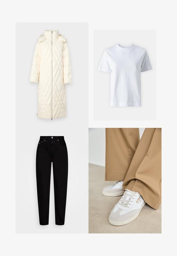 Quilted long puffer coat in off-white, featuring a high collar, zip closure, and oversized hood with snap buttons. Smooth texture.; White cotton t-shirt with a crew neckline, short sleeves, a straight cut, and smooth texture. No patterns or embellishments.; High-waist black straight-leg jeans with front button, five pockets, and belt loops, displayed on a white background.; White sneakers with suede accents, textured laces, and a rubber sole. Paired with loose tan trousers. Logo displayed on the side.