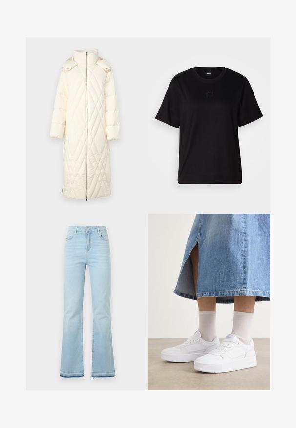 Dugi puhač u boji off-white s kvadratnim uzorkom, visokim ovratnikom, zatvaranjem na zip i oversized kapuljačom s kopčama na dugmad. Glatka tekstura.; Crna pamučna majica s okruglim izrezom, kratkim rukavima i izvezenim logotipom na prsima. Jednostavan, opušten kroj bez uzorka.; Svijetloplave traperice s širim nogavicama, visokog struka, s prednjim džepovima i sirovim rubom na manžetama za ležeran izgled.; Bijele tenisice od teksturirane kože, s platformom, okruglim prstom i sustavom vezivanja; u kombinaciji sa svijetlosivim čarapama do gležnja i traper suknjom.