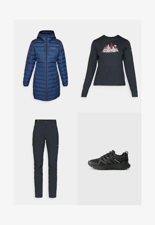 Columbia LAKE 22™ LONG HOODED JACKET - Pūkinis paltas - collegiate navy; Ilga rankovė tamsiai pilka marškinėliai su raudonų medžių ir kalnų grafika; drąsaus baltos spalvos teksto "COLUMBIA" logotipas. Minkšta medžiaga, standartinis apvalus kaklas.; Vyrų lauko kelnės, tamsiai pilkos, pagamintos iš elastingos medžiagos, su diržu, užtrauktukais užtraukiamomis kišenėmis ir sustiprinta siūle.; Columbia PEAKFREAK - Turistiniai batai - black