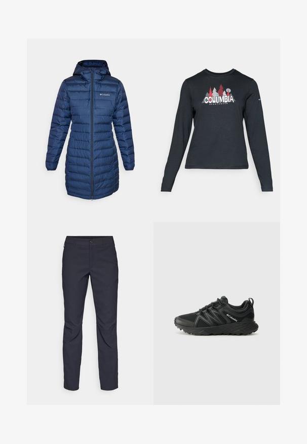 Columbia LAKE 22™ LONG HOODED JACKET - Tollkabát - collegiate navy; Hosszú ujjú, sötétszürke ing piros fákkal és hegyekkel díszítve; a "COLUMBIA" logó vastag fehér betűkkel. Puha anyag, klasszikus kerek nyakkivágás.; Sötétkék nadrág sima anyagból, elülső gombos záródással, slim-fit fazonnal és gyűrött részletekkel a térdeken.; Columbia PEAKFREAK - Túracipők - black