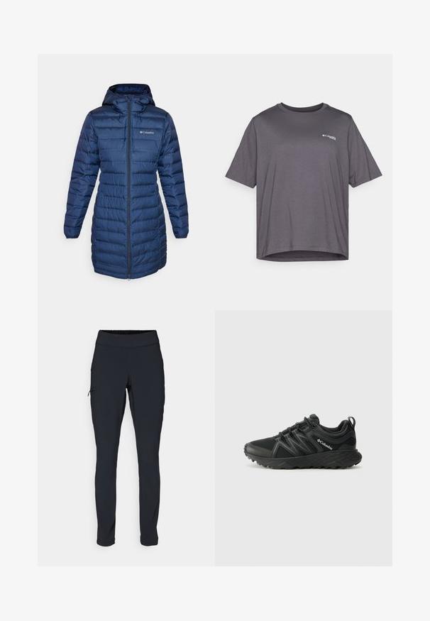 Columbia LAKE 22™ LONG HOODED JACKET - Dunkåpe / -frakk - collegiate navy; Grå T-skjorte med korte ermer laget av glatt stoff. Har rund hals og en liten logo trykket på brystet.; Svarte joggebukser med slim fit, elastisk midjebånd og en sidelomme med glidelås. Glatt, elastisk stoff med minimalt med sømmer.; Columbia PEAKFREAK - Fjellsko - black