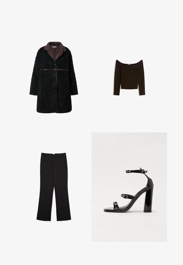 Sort plysjakke med en brun ruskindskrave, knaplukning og struktureret yderstof. ærmer og kant er lidt oversized.; Off-shoulder, mørkebrun top i et tætsiddende strikmateriale. Har lange ærmer og et cropped design med en glat tekstur.; Sorte bukser med lige pasform, der har frontlommer og slidser i kanten. Lavet af blødt, glat stof. Velegnet til forskellige anledninger.; Sorte patenterede hælsandaler med firkantet tå, ankelremme og sølvspænder. Har en chunky blokHæl for stabilitet.