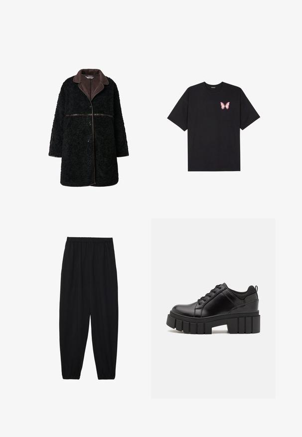 Sort plysjakke med en brun ruskindskrave, knaplukning og struktureret yderstof. ærmer og kant er lidt oversized.; Sort bomulds T-shirt med korte ærmer, prydet med en lille pink sommerfugl grafik på venstre bryst. Rund hals design med en afslappet pasform.; Sort, lette bukser med elastisk talje og sammenfoldede ankler. Stoffet er glat og har et afslappet, indsnævret design.; Sorte læder platform sko med en klodset blokhæl, rund tå og traditionelt snøredesign. Har en glat tekstur og minimal detaljering.
