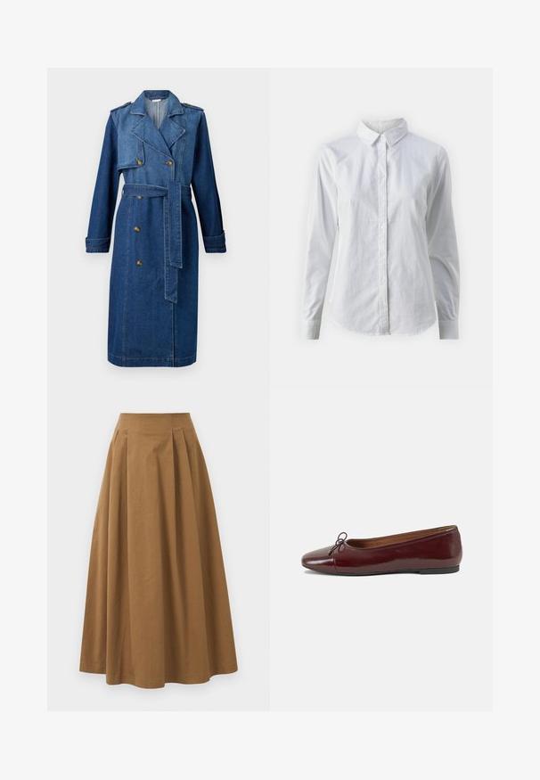 Denim plašč v temno modri barvi, z dvojno zapenjanje spredaj, pasom s pasom, epauleti na ramenih in dolgimi rokavi.; Bela srajca z gumbki, narejena iz gladkega bombaža, s klasičnim ovratnikom, dolgimi rokavi in ukrivljenim robom. Gumbi so majhni in beli.; Rjava bombažna A-linijska krila z visokim pasom, ki vključuje naborke spredaj in gladko teksturo. Robovi so čisti in preprosti.; Burgundska patenti usnjeni baletni čevlji z zaobljenim prstom, majhnim lokom na sprednji strani in nizkim črnim gumijastim podplatom. Gladka tekstura.