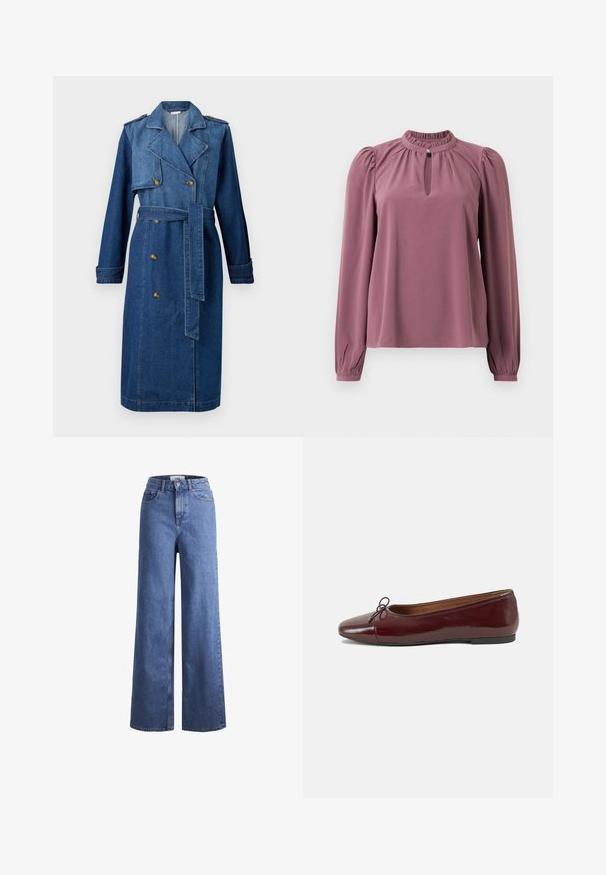 Jeansowy płaszcz w ciemnoniebieskim kolorze, z podwójnym zapięciem z przodu, paskiem w talii, pagonami na ramionach i długimi rękawami.; Bluzka z długim rękawem w kolorze mauve z marszczonym kołnierzykiem, dekoltem w kształcie łezki zapinanym na guzik oraz lekko bufiastymi ramionami.; Jasnoniebieskie dżinsy o szerokich nogawkach i wysokim stanie, z dwoma przednimi kieszeniami i widocznym przeszyciem. Posiadają zamek błyskawiczny i zapięcie na guzik.; Bordowe baleriny z lakierowanej skóry z zaokrąglonym noskiem, małą kokardką z przodu oraz niską, czarną gumową podeszwą. Gładka tekstura.