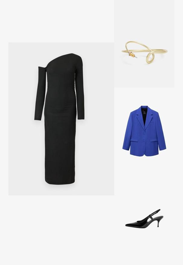 Plava jakna s strukturiranim krojem, jednostrukim kopčanjem, dva gumba, ovratnikom s otklonom i bočnim džepovima. Glatka tekstura, minimalni detalji.; Crna, tijelu prianjajuća haljina dugih rukava s asimetričnim izrezom i nabranim detaljem sa strane, izrađena od rebraste tkanine.; Crne lakirane kožne sandale sa otvorenom petom, špicastim prstom, otvorima sa strane, tankom potpeticom i podesivom trakom oko članaka.; Crna kožna torba s lukovitim oblikom, odvojivim remenom i zlatnim detaljima. Torba ima preklop s kopčom.; Zlatna metalna narukvica s fluidnim, zavojitim dizajnom. Sadrži mali, istaknuti srebrni akcent na jednom kraju.