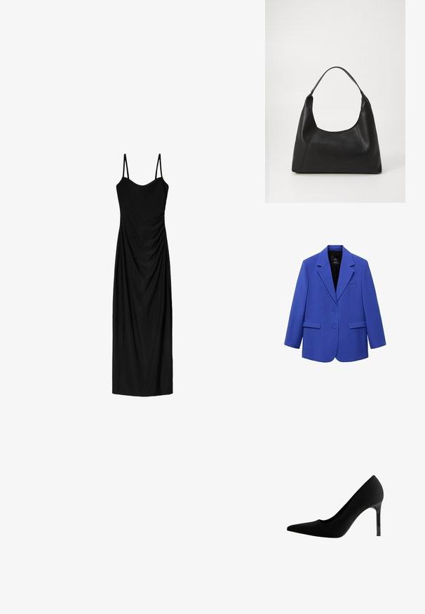 Modrý blazer se strukturovaným střihem, jednobarevným designem, na dva knoflíky, s klopovými límci a bočními kapsami. Hladká textura, minimální detaily.; Černé midi šaty s tenkými nastavitelnémi ramínky, s draped designem a hladkou texturou. Žádné viditelné vzory nebo ozdoby.; Černé lodičky na vysokém podpatku s špičatou špičkou, hladkým matným materiálem, úzkým jehlovým podpatkem a jemným výřezem v oblasti klenby.; Černá kožená kabelka s pohodlným držadlem, hladkým povrchem a minimalistickým designem. Má ostré strany a široké víko.
