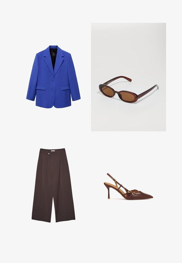 Modra blejzer s strukturiranim krojem, enojnim zapenjanjem, dvema gumboma, klasičnimi reverji in stranskimi žepi. Gladka tekstura, minimalno podrobnosti.; Bela pulover z off-shoulder dizajnom, izdelan iz rebraste pletenine, z dolgimi rokavi, prilegajočim se robom in teksturiranim vzorcem po celotni površini.; Široke rjave hlače s pinstripes vzorcem, z gumbnim pasom in zankami za pas, predstavljene na belem ozadju.; Rjave usnjene slingback pete s konicami, tanke stiletto pete in zlate okrasne elemente. Vključuje križne trakove čez stopalo.; Okrogle, rjavo obarvane sončne naočare z sijočim burgundskim okvirjem. Tanek nosilec s subtilnim logotipom. Oblika leč je ravna.; Črna usnjena hobo torba z mehko, ukrivljeno obliko. Ima širok zgornji ročaj in gube na dnu, kar daje torbi udoben izgled.