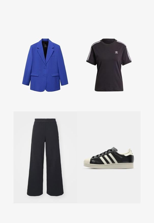 Blaues Blazer mit strukturierter Passform, einreihigem Design, zwei Knöpfen, Reverskragen und Seiten Taschen. Glatte Textur, minimalistische Details.; Schwarzes Baumwoll-T-Shirt mit kurzen Ärmeln und Rundhalsausschnitt, mit weißen Streifen auf den Schultern und einem kleinen weißen Adidas-Logo auf der Brust.; Schwarze weite Sweatpants aus weichem Material, mit einem elastischen Taillenbund und einem kleinen Logo auf der linken Seite.; Schwarze Ledersneaker mit weißen Streifen, Gummikappe, schwarzen Schnürsenkeln und einer cremefarbenen Sohle. Glatte Textur mit glänzender Oberfläche.