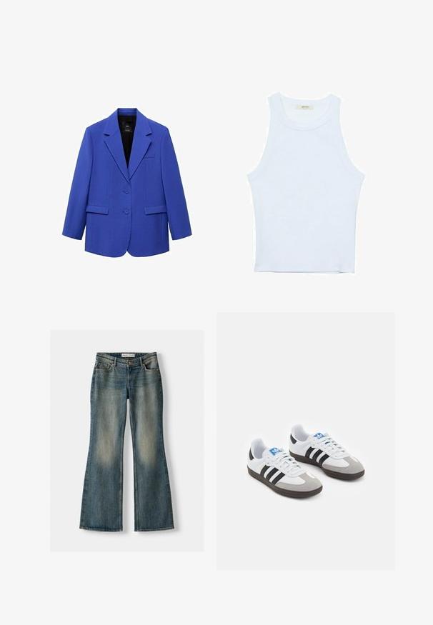 Blaues Blazer mit strukturierter Passform, einreihigem Design, zwei Knöpfen, Reverskragen und Seiten Taschen. Glatte Textur, minimalistische Details.; Weißes Tanktop, gerippte Textur, runder Ausschnitt, ärmelloses Design, enganliegende Form, dezente Markenkennzeichnung im Etikett im Kragenbereich.; Blaue Schlagjeans mit einem ausgewaschenen Look, fünf Taschen und einem Knopfverschluss. Das Material zeigt eine Denim-Textur mit dezenten Stickdetails.; Sportschuhe mit einem Obermaterial aus weißem Leder, grauer Wildleder-Zehenkappe und drei schwarzen Streifen. Sie verfügen über ein blaues Logo auf der Zunge und eine strukturierte Gummisohle.