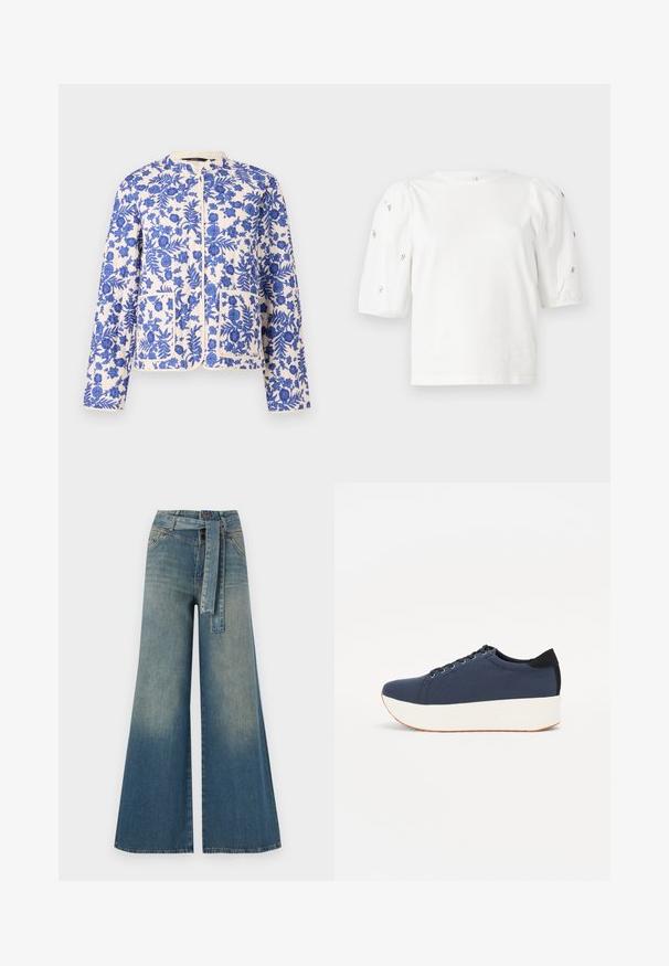 Quiltad jacka med blå blommönster på en gräddfärgad bakgrund, med rund halsringning och två framfickor.; Vit bomulls t-shirt med korta puffärmar, prydd med små silverdetaljer längs ärmarna. Klassisk rund halsringning, avslappnad passform.; Breda denimbyxor med en ljus till mörkblå gradient, hög midja, bälteshällor och ett matchande tygbälte. Texturerad denimfinish.; Marinblå sneaker med en strukturerad tygöverdela, vit plattformssula, rund tå och svart hälsaccent. Har sex hål för snörning.