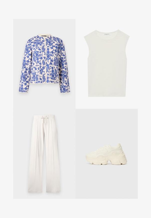 Jachetă matlasată cu modele florale albastre pe un fundal crem, cu guler rotund și două buzunare frontale.; Top alb fără mâneci, cu decolteu rotund. Fabricat dintr-un material neted, prezintă o croială lejeră și un design minimalist. Fără modele sau accente.; Pantaloni de trening bej deschis, confecționați dintr-un material moale, având o talie cu șnur, picioare largi și cusături verticale, cu o textură netedă.; Tenisi albi voluminoși, fabricați din plasă texturată și materiale sintetice, cu o talpă groasă și detalii de model intricate pe laturi.