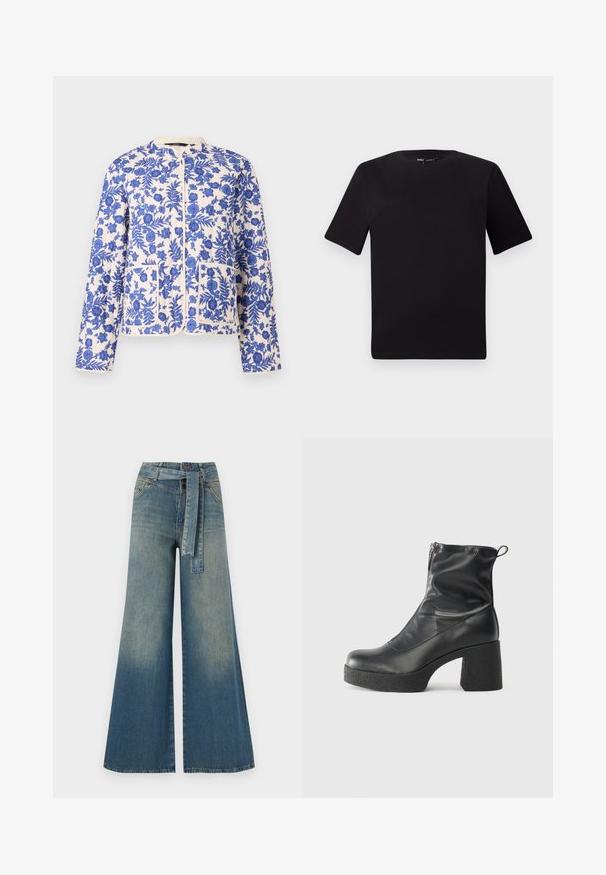 Quiltana jakna z modrimi cvetličnimi vzorci na kremni podlagi, okroglim izrezom in dvema sprednjima žepoma.; Črna majica s kratkimi rokavi in okroglim izrezom, izdelana iz mehkega bombažnega materiala. Preprost dizajn, brez vidnih logotipov ali vzorcev.; Široke jeans hlače z gradientom od svetlo do temno modre, visokim pasom, zankami za pas in pasom iz istega materiala. Tekstura denim končnica.; Črne gležnjarje iz gladke kože z božnim zadrgo, masivnim teksturiranim peto in zaobljeno obliko prstov.