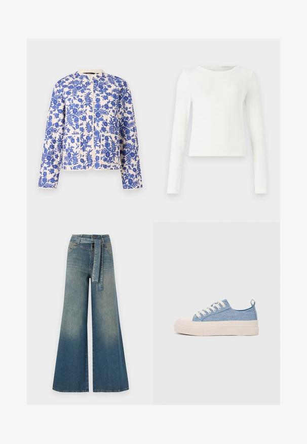Quiltet jakke med blå blomsterprint på en kremfarget bakgrunn, med rund hals og to frontlommer.; Hvit langermet ribbestrikket topp med rund hals. Glatt tekstur, tettsittende design og ingen synlige mønstre eller detaljer. Enkelt og minimalistisk stil.; Bredde ben jeans med en lyseblå til mørkeblå gradient, høyt liv, beltehemper og et matchende belte i samme stoff. Teksturert denimoverflate.; Lys blå canvastøfler med en kremfarget gummitupp og yttersåle, med hvite snørebånd og en løfteløkke på hælen.