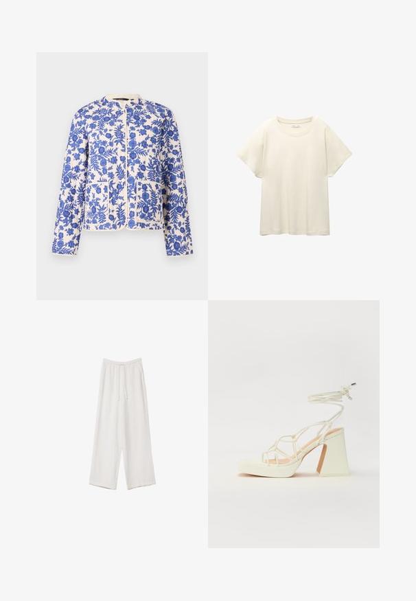 Giacca trapuntata con motivi floreali blu su sfondo crema, con scollatura rotonda e due tasche frontali.; Maglietta a maniche corte beige chiaro con scollatura rotonda, realizzata in un tessuto morbido e liscio. Presenta una vestibilità comoda e un orlo dritto.; Pantaloni a gamba larga bianchi realizzati in un tessuto leggero. Presentano una vita elastica con cordoncino e tasche laterali. Texture liscia.; Sandalo bianco con tacco alto, caratterizzato da un design a cinturini e un legaccio alla caviglia. Texture liscia con una piattaforma frontale per un'altezza aggiuntiva.