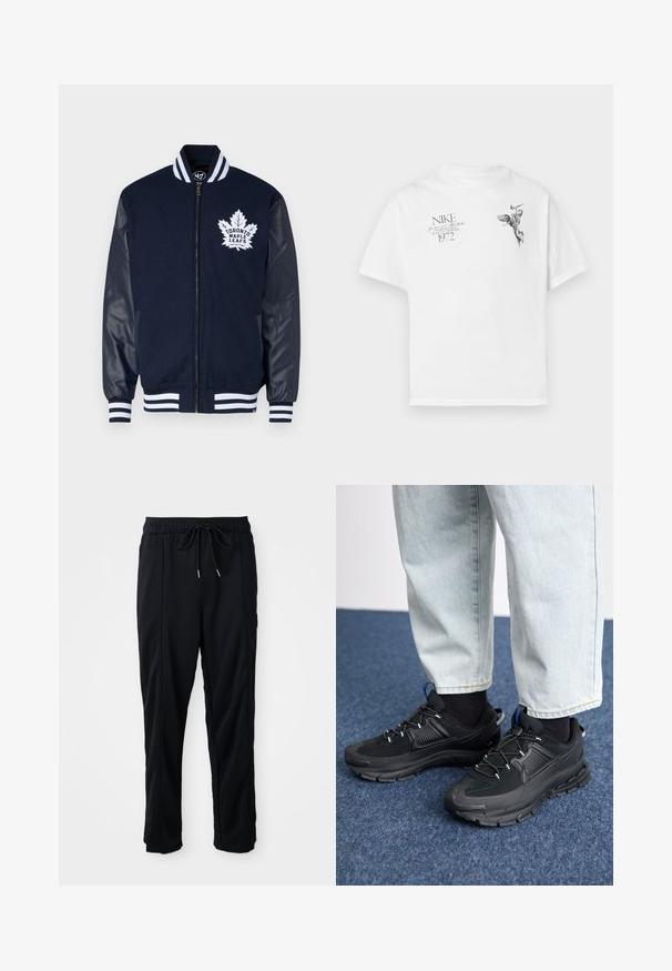 '47 TORONTO MAPLE LEAFS JACKET - Bomber stiliaus striukė - fall navy; Balta medvilninė marškinėlių su apvaliu kaklu ir trumpomis rankovėmis, ant kurios yra juodas grafikas sparnuoto figūros ir tekstas.; Juodos laisvos kelnės su raišteliu liemens, šoninėmis kišenėmis ir tiesiu kirpimu ant vienodos fono.; Juodi sportiniai bateliai su tekstūruota medžiaga ir guminiais padais, su elastingomis raišteliais ir mėlynu akcentu ant kulno. Dėvimi su šviesiai mėlynomis džinsinėmis kelnėmis.