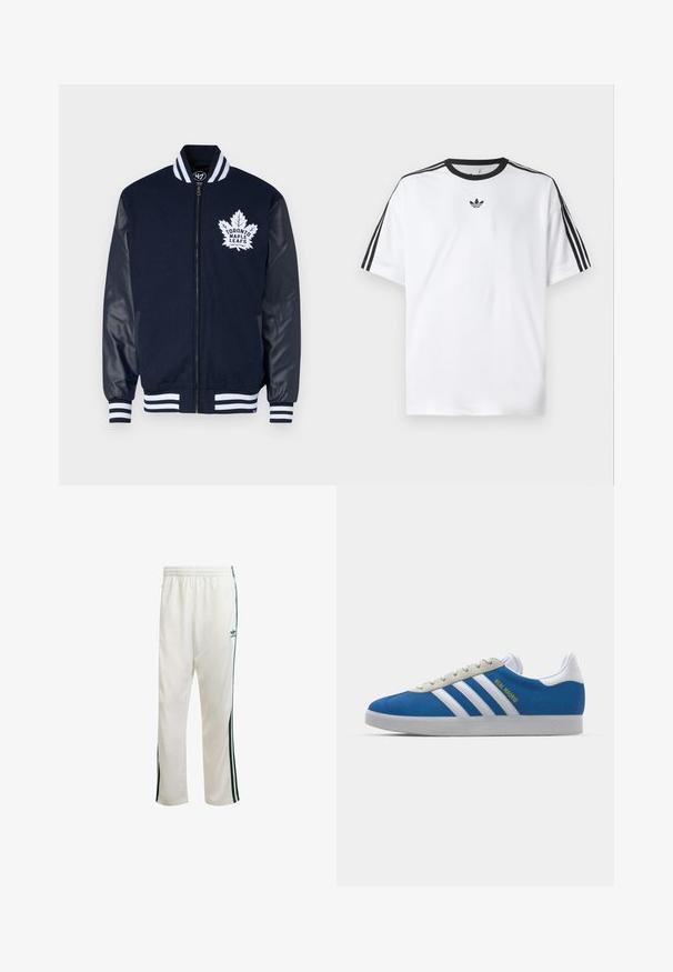 '47 TORONTO MAPLE LEAFS JACKET - Bomber stiliaus striukė - fall navy; Balta medvilninė marškinėlių su juodu apvali kaklu, ant kiekvieno peties iš trijų juodų juostelių. Mažas juodas logotipas ant krūtinės.; Baldos sportinės kelnės su žaliomis šoninėmis juostelėmis, elastingu juosmeniu ir logotipu kairėje viršutinėje pusėje. Pagamintos iš lengvos medžiagos.; adidas Originals ADIDAS GAZELLE SHOES - Salės futbolo bateliai - real madrid/bluebird/footwear white/crew yellow