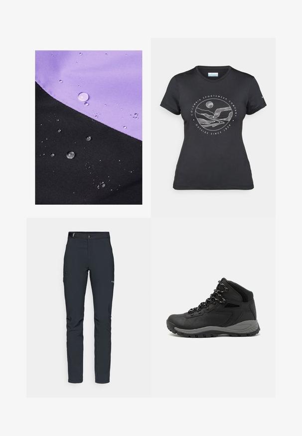 Veekindel kangas, millel on diagonaalne lõhe lavendli ja musta vahel, vett tilkadega pinnal, rõhutades tekstuuri ja värvi.; Musternine Columbia T-särk mustas värvuses, millel on valge ümmargune mägi ja jõe joonistus ning tekst "Columbia Sportswear Company Outside Since 1938."; Meeste välkpüksid, tumehallid, valmistatud paindlikest materjalidest, vöökohaga, tõmblukuga taskud ja tugevdatud õmblused.; Mustarjaline matkasaabas, millel on keskmine disain, tekstuuriga ülemine osa, hallid aktsendid ja vastupidav kummist põhi, millel on haardelugesid.