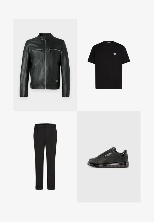Juoda odinė striukė su stovu apykakle, dviem užtrauktukais užsegamomis krūtinės kišenėmis ir siūlių detalizavimu pečiuose. Lygios tekstūros ir prigludusio dizaino.; Juodas medvilninis marškinėliai su trumpomis rankovėmis, apvaliu iškirpimu ir mažos baltos širdelės grafika kairėje krūtinės pusėje.; Juodi kelnių su elastinga juosmena, tiesaus kirpimo ir sukurtomis rankovėmis. Pagaminti iš lygaus, audinio be raštų.; Juodi sportiniai bateliai su lygiu odiniu apdailu, suapvalintu nosiu ir raištelių dizainu. Ypatybės apima skaidrų, paminkštintą pado su tamsiu gradientu.