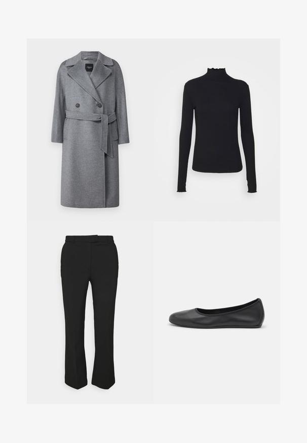 WEEKEND MaxMara RESINA - Palton clasic - grigio medio; Top negru cu mânecă lungă și guler înalt, realizat dintr-un material neted, având un guler cu volane și o siluetă ajustată cu margini simple.; Pantaloni negri, croiți pe picior drept, cu bucle pentru curea și buzunare laterale. Fabricate dintr-un material neted, cu un finisaj curat.; Balerini din piele neagră, cu vârf rotund, textură netedă, detalii de cusătură minimale și un design al tălpii flexibil.