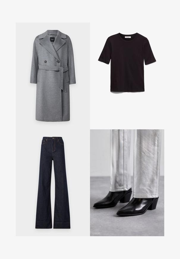 WEEKEND MaxMara RESINA - Classic coat - grigio medio; Black short-sleeve T-shirt made of soft cotton, featuring a round neckline and a smooth, even texture with a minimal design.; Ksubi STRIDER CUFF ORIGINAL - Wide Leg - blue denim; Black leather ankle boots with a pointed toe and block heel, paired with shiny silver pants, showcasing sleek textures and contrasting colors.