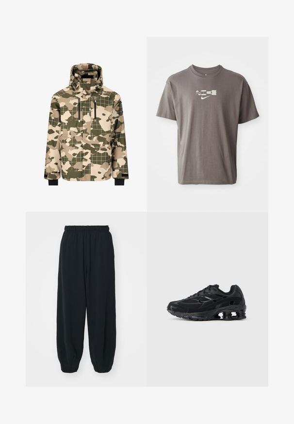 Tarnfarbene, wasserdichte Jacke in Grün und Beige, mit Karomuster, seitlichen Reißverschluss-Taschen und verstellbarer Kapuze mit schwarzen Akzenten.; Braunes T-Shirt mit kurzen Ärmeln und einem hellen "Nike"-Logo auf der Vorderseite, das einen lässigen, entspannten Schnitt hat.; Schwarze Sweatpants mit elastischem Bund, lockerer Passform, gerippten Beinabschlüssen, glatter Textur und ohne sichtbare Muster oder Hardware-Akzente.; Schwarzer Sportschuh mit Obermaterial aus Mesh, gepolstertem Kragen und hervorgehobener Dämpfungstechnologie an der Ferse. Verfügt über strukturierte Akzente und Schnürsenkel.