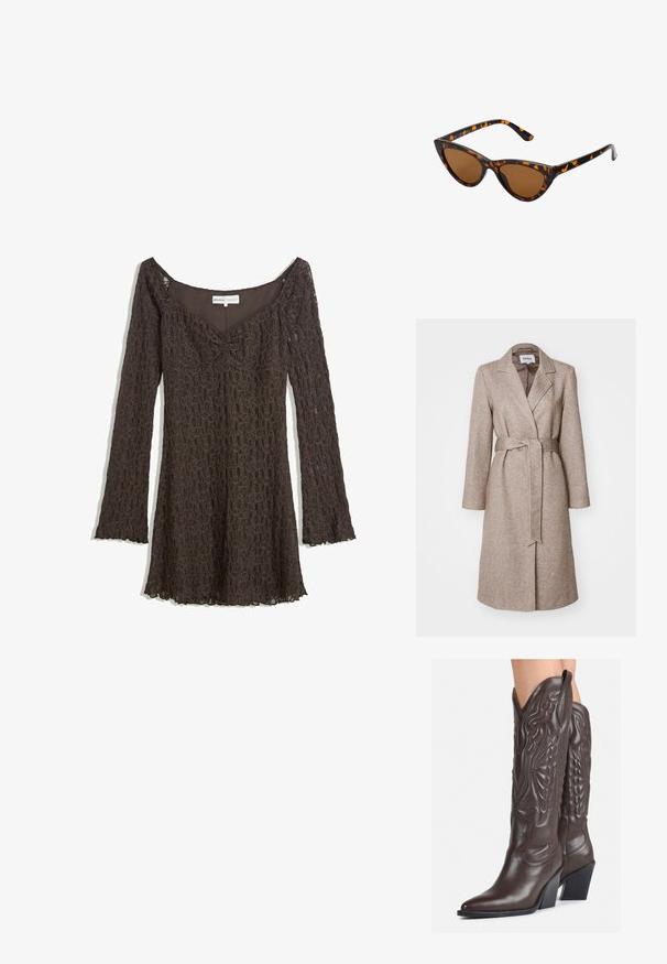 ONLY ONLNICOLE LIGHT WRAP - Manteau classique - walnut melange; Robe en dentelle marron avec des manches longues, design décolleté, motif floral, détail froncé à l'avant et ourlet ondulé.; Bottes de cowboy en cuir marron avec un bout pointu et un talon bloc, présentant des coutures détaillées et des accents en relief sur la tige.; Lunettes de soleil style œil de chat avec une monture en écaille de tortue noire et orange, verres marron et pointes effilées et élégantes. Présente un logo minimaliste sur la branche.