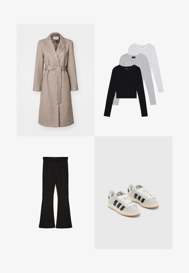 ONLY ONLNICOLE LIGHT WRAP - Klasisks mētelis - walnut melange; Trīs garām piedurknēm veidotas augšdaļas, sakrautās: melna, pelēka un balta. Katram ir noapaļots kakla izgriezums un īsa dizaina forma ar gludu, vieglu audumu.; Melnas flared leggings, kas izgatavotas no stiepjama auduma. Iezīmējas ar platu jostasvietu un gludu tekstūru, ar pieguļošu siluetu, kas paplašinās pie apakšmalas.; Pelēkas zamšādas kedas ar baltām saites, melnām svītrām un baltu gumijas zoli. Raksturīga apļa logo uz mēles un gumijas zole.