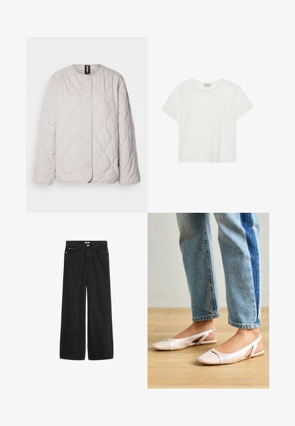 Ecoalf JACKET WOMAN - Jachetă subțire - washed stone; Tricou alb cu mânecă scurtă, made din bumbac moale. Are un guler rotund și o croială lejeră. Design curat, fără modele sau accente vizibile.; Jeans negri din denim cu pantaloni larghi și talie înaltă. Au cinci buzunare, accesorii metalice și un finisaj curat. Textura este netedă și moale.; Sandalete plate de un roz pal cu vârf ascuțit, realizate dintr-un material asemănător pielii, neted. Prezintă detalii decupate pe laterale și un toc plat.