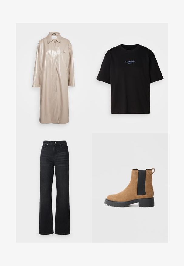 Calvin Klein Jeans Klasszikus kabát - travertine; Fekete pamut póló kerek nyakkal, rövid ujjú, elöl kék hímzett "Calvin Klein JEANS" logóval.; Fekete farmer széles lábú nadrág magas derékkal, öt zsebes kialakítással és ezüst színű fémgombbal. Az anyag sima tapintású és enyhén elasztikus.; Barna velúr bokacsizma fekete elasztikus oldalsávval, vastag fekete talppal, hátsó húzófüllel és a bokánál lévő, dombornyomott "cK" logóval.