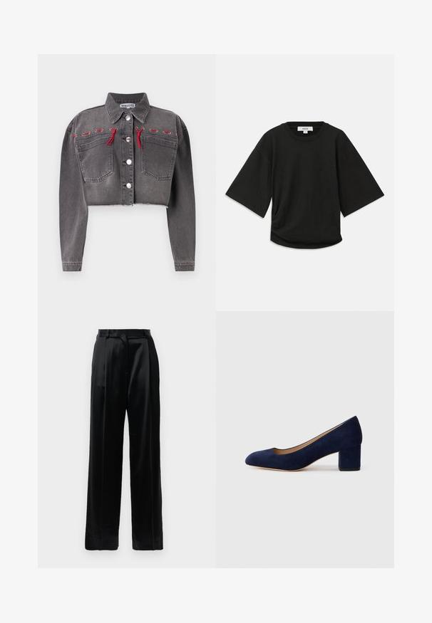 Kratka siva denim jakna z dolgimi rokavi, dvema sprednjima žepoma, srebrnimi gumbi in rdečimi detajli, vkroženimi ob ramenih.; Črna majica s kratkimi rokavi iz mehke bombažne tkanine, ki ima okroglo izrez in sproščen kroj z diskretnim gubanim detajlom na strani.; Črne satenske hlače visoke pasu z ravnimi širokimi nogami, z zankami za pas in ravnim sprednjim zapiranjem na enobarvni beli podlagi.; Temno modri nubuk čevlji s koničastim nosom in srednje visokim blokom. Gladka tekstura z diskretnim sijajem in majhnim izrezom spredaj.