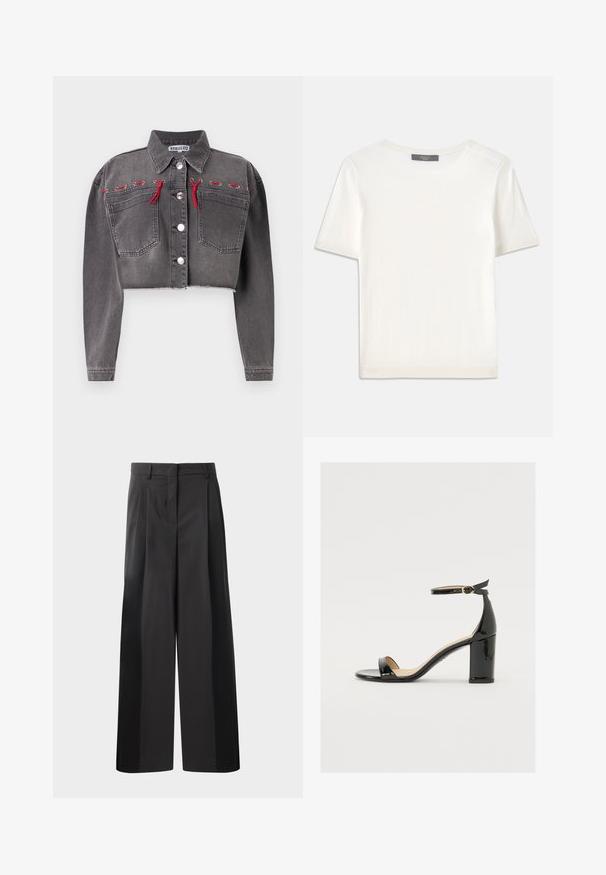 Kratka siva denim jakna z dolgimi rokavi, dvema sprednjima žepoma, srebrnimi gumbi in rdečimi detajli, vkroženimi ob ramenih.; Bela kratka pletena majica s kratkimi rokavi in okroglim izrezom, ki ima gladko teksturo in subtilne rebrovane detajle na rokavih in robu.; Črne široke hlače z visokim pasom, z oblikovanimi pregibi spredaj, gladko teksturo in natančno dodelavo. Oblikovane za sproščen fit.; Črne patentirane sandale s široko peto, odprtim prstom in trakovi okoli gležnja, ki imajo zlat zajemalec. Gladka tekstura in eleganten dizajn.