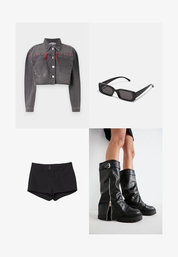 Skuren grå denimjacka med långa ärmar, två framfickor, silverknappar och röda detaljer som går längs axlarna.; Even&Odd Petite 2 PACK - Linne - light grey/black; Svarta shorts gjorda av tyg med en slät textur. Har en midjeresår, två framfickor och två svarta knappar framtill.; Svart läderknäbottar med breda skaft, med sidodragkedja och spänne, texturerad yta och kraftig gummisul.; Svarta rektangulära solglasögon med mörka linser, glänsande yta, breda skalmar och en gedigen ramdesign. Graverat märke på ena skalmen.; Svart vävd axelväska med ett slätt läderhandtag och dragkedjestängning. Har en strukturerad yta och en böjd form.