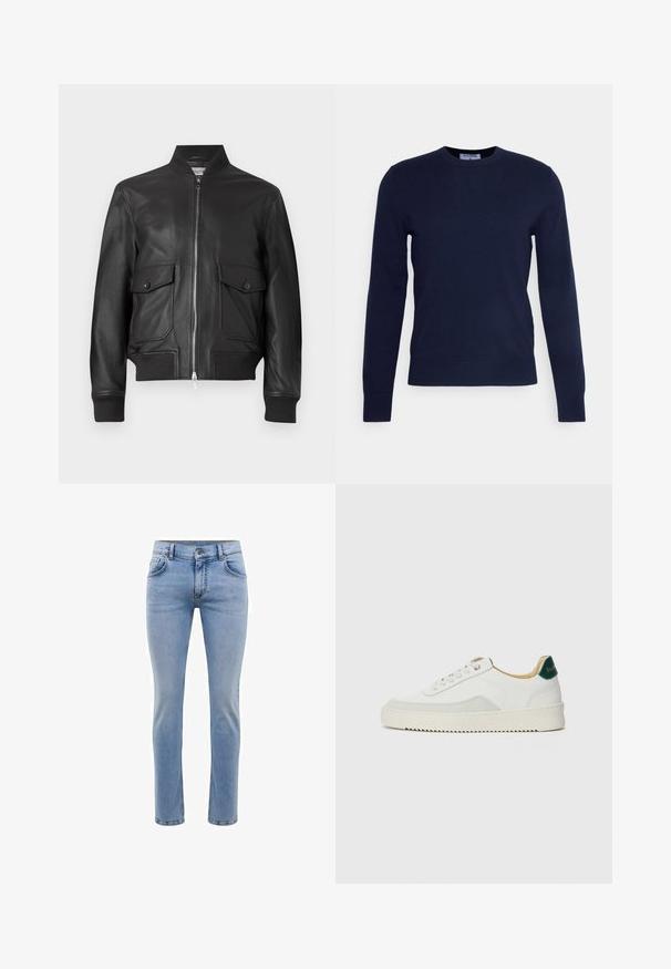 Mustmust värvi nahast pommikur Jacket, millel on tõmbluku sulgemine, ribidega krae ja kaks esi-taskut. siledat tekstuuri ja struktureeritud disain.; Tumedat navy-sinise värvi ümarkaelusega soojusjakid, mis on valmistatud pehmest kangast, pikkade varrukate ja ribakujulise alläärega. Pole nähtavaid mustreid ega kaunistusi.; Heledad sinine denimist teksapüksid, kitsas lõige, viie taskuga ja sirge jalaga disain. Omab tõmblukkuga lukkuklappi ja vöörihmasid. Pehme tekstuur.; Valged tennisjalanõud, millel on sametised aktsendid, ümar varvas, lame nöörid ja kreemjas kummine põhja. Hästi nähtav roheline bränding kannal.