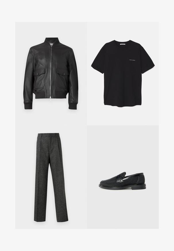 Black leather bomber jacket with a zip closure, ribbed cuffs, and two front pockets. Smooth texture and structured design.; Black cotton T-shirt with a crew neck, short sleeves, and a white logo print on the left chest. Simple, solid color design.; Gray tailored trousers made of textured fabric, featuring two front pleats and a straight-leg design. No visible pockets or embellishments.; Black woven slip-on shoe with a smooth leather accent on the upper, a round toe design, and a low-profile rubber sole.