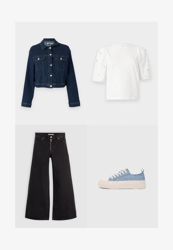 Tumši zila džinsu jaka ar izgrieztu piegriezumu, pogu aizdari, divām krūšu kabatām un sudraba detaļām. Strukturēts audums ar vertikālām šuvēm.; Balta kokvilnas t-kreklu ar īsām puff piedurknēm, ar nelieliem sudraba rotājumiem gar piedurknēm. Klasisks apaļš izgriezums, brīvā piegriezuma.; Platas kājas džinsi melnā džinsa audumā ar rāvējslēdzēju priekšā, piecu kabatu dizains un smalkas šuvju detaļas. Gluda tekstūra un ikdienišķs stils.; Gaiši zili kanvas sneakeri ar krēmkrāsas gumijas pirksta aizsargu un ārējo zoli, aprīkoti ar baltām šņorēm un cilpu uz papēža.