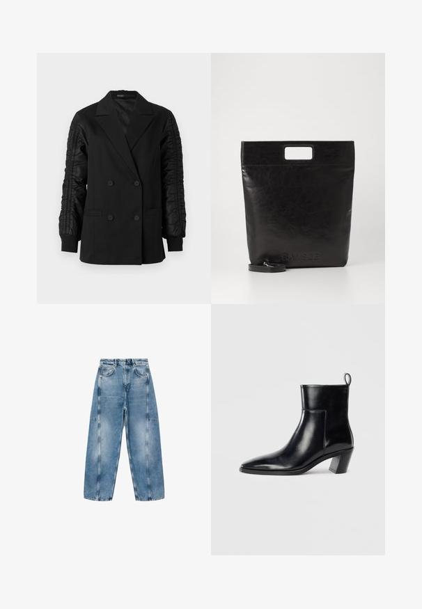 Must mustriga bleiser, millel on rullitud satiinvarrukad ja nööbid, millel on lõikekaelus ja eesneelupocketid.; Valge lühendatud pusak, millel on pikad varrukad, kaunistatud metalltrossist rantide ja südame mustriga kaeluses ja õlgadel.; Heledad sinine teksade puhul on lahtine lõige, suured taskud ja kontrastne piste. Kanga pinnal on kulunud viimistlus ning sile tekstuur.; Must musta saapad terava nina, geomeetrilise kuuega ja tagaküljel tõmberaudaga. Sile tekstuur ja läikiv disain.; Must mustrikotest läikega must nahast kott ruudukujulise käepidemega, millel on tekstuuriga viimistlus ja reljeefne logo. Kohandatav rihm on eemaldatav.