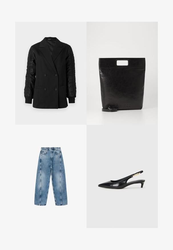 Black double-breasted blazer with ruched satin sleeves and buttoned cuffs, featuring notch lapels and front welt pockets.; White cropped sweatshirt with long sleeves, featuring a chain and heart pattern in metallic thread along the neckline and shoulders.; Light blue denim jeans feature a relaxed fit, large pockets, and contrasting stitching. The fabric has a faded finish with a smooth texture.; Black leather slingback heels with a pointed toe, featuring a slim heel and a gold-tone accent on the adjustable strap. Smooth texture.; Black leather tote bag with a square handle, featuring a textured finish and embossed logo. Includes a detachable strap.