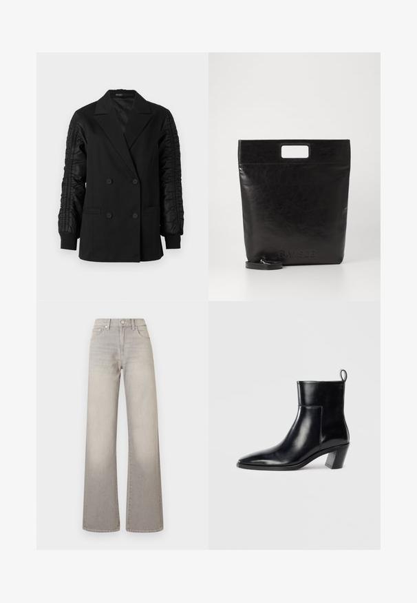 Crni dvoredni sako s naboranim satenskim rukavima i dugmadi na manžetama, s reverima i prednjim džepovima.; Bijela košulja dugih rukava od glatkog materijala s dugmadi sprijeda, šiljastim ovratnikom i kontrastnim crnim šavovima duž plave i oko manžeta.; Sive široke traperice s izblijedjelim završetkom, zatvaranje na dugme, dizajn s pet džepova i prošivene detalje duž šavova.; Crne kožne gležnjače s šiljastim vrhom, geometrijski složenim potplatom i omčom za povlačenje straga. Glatka tekstura i elegantan dizajn.; Crna kožna torba s kvadratnom drškom, s teksturiranim završetkom i utisnutim logotipom. Uključuje odvojivi remen.