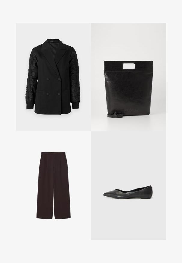 Sacou negru cu două rânduri de nasturi, cu mâneci din satin plissé și manșete cu nasturi, având rever tip notch și buzunare frontale cu înfățișare.; Cămașă albă cu mânecă lungă și guler, fabricată din bumbac. Are un închidere cu băta pe față și un singur buzunar pe piept. Textură netedă, croială lejeră.; Pantaloni largi de culoare maro închis, dintr-un material ușor, cu talie înaltă, plisse și două buzunare laterale, având un tiv elastic.; Balerini din piele neagră, cu vârf ascuțit, toc mic și textură netedă. Design minim cu un accent subtil pe lateral.; Geantă tote din piele neagră, cu un mâner pătrat, având un finisaj texturat și un logo embosat. Include o curea detasabilă.
