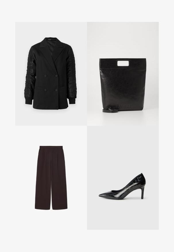 Fekete, dupla gombos blézer ráncos selyem ujjakkal és gombos mandzsettákkal, gomblyukakkal és elülső zsebekkel.; Fehér, hosszú ujjú, galléros ing, amely pamutból készült. Gombos elülső része és egyetlen mellzsebe van. Simított textúra, laza szabás.; Sötétbarna, bő szárú nadrág, amely könnyű anyagból készült, magas derék, pliszék és két oldalzseb található rajta, valamint elasztikus derékkal rendelkezik.; Fekete, hegyes orrú, magas sarkú cipők fényes felülettel és visszafogott mintázattal. Mérsékelt sarokkal és nyitott vápa dizájnnal rendelkeznek.; Fekete bőr bevásárlótáska négyzet alakú fogantyúval, texturált felülettel és dombornyomott logóval. Tartalmaz egy levehető pántot.