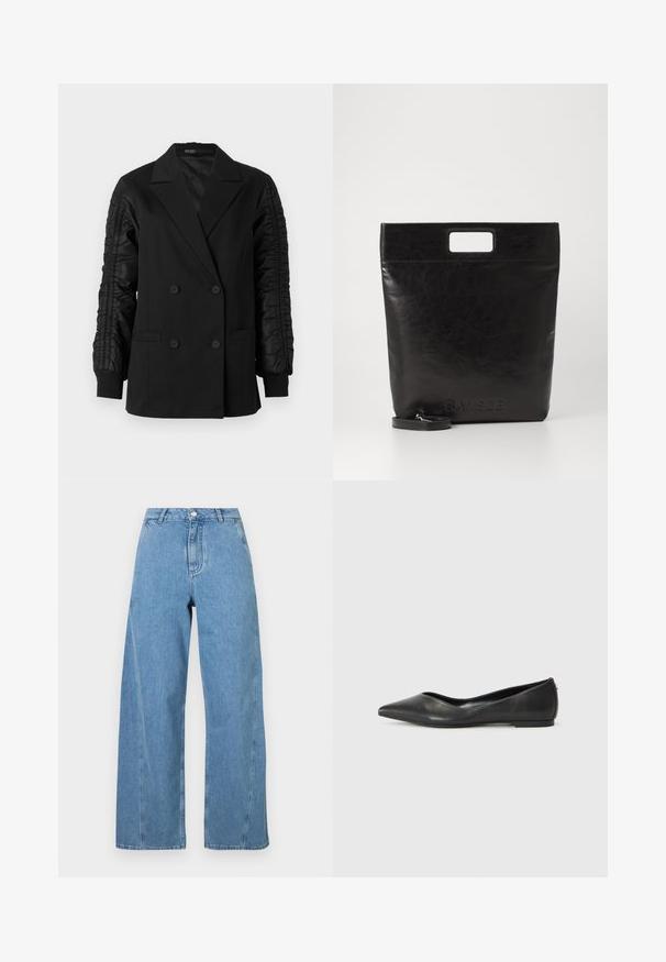 Schwarzer zweireihiger Blazer mit gerafften Satinsäulen und geknöpften Manschetten, ausgestattet mit Reverskragen und aufgesetzten Taschen vorne.; Weißes Langarmhemd mit Kragen aus Baumwolle. Verfügt über eine durchgehende Knopfleiste und eine Brusttasche. Glatte Textur, lockere Passform.; Helle blaue weit geschnittene Jeans aus Denim, mit hoher Taille, geradem Schnitt und kontrastierenden Nähten entlang der Nähte.; Schwarze Leder-Ballerinas mit spitzem Zehenbereich, niedrigem Absatz und glatter Textur. Minimalistisches Design mit einem dezenten seitlichen Akzent.; Schwarze Leder-Tote-Tasche mit einem quadratischen Griff, ausgestattet mit einer strukturierten Oberfläche und geprägtem Logo. Inklusive abnehmbarem Tragegurt.