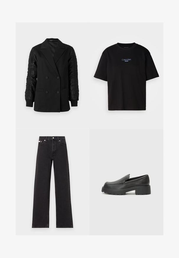 Sacou negru cu două rânduri de nasturi, cu mâneci din satin plissé și manșete cu nasturi, având rever tip notch și buzunare frontale cu înfățișare.; Tricou din bumbac negru cu guler rotund, mâneci scurte și logo-ul brodat în albastru "Calvin Klein JEANS" pe față.; Jeanși negri cu picioare largi, fabricați din denim, cu talie înaltă, stil cu cinci buzunare și închidere cu nasture metalic, cu cusături contrastante.; Mocasini din piele neagră, cu vârf rotunjit, talpă groasă texturată și detalii minimale de cusătură. Design elegant, fără șireturi sau accesorii vizibile.